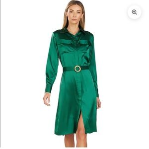 Trish Scully Emerald Green Satin Blakesley Button Down Belted Shirt Dress NWT 12